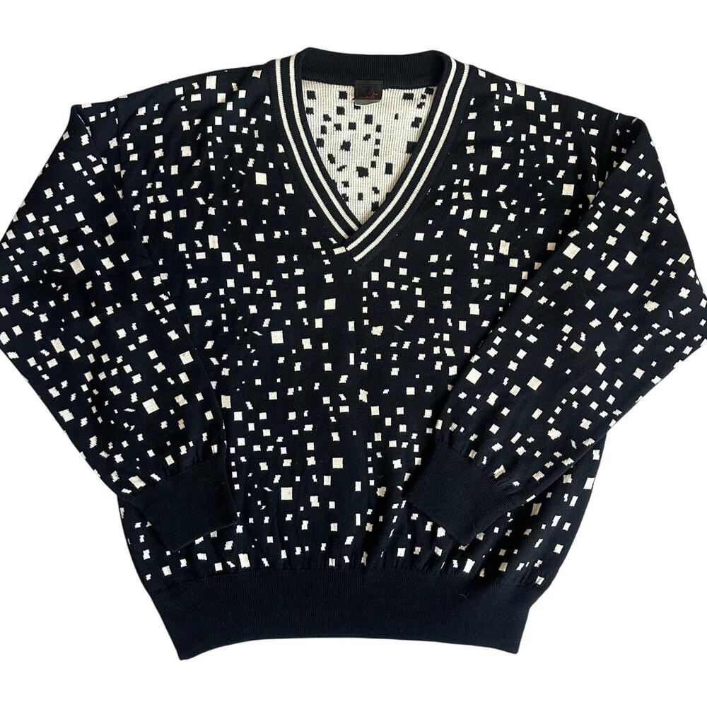 Vintage Mondi Black/Cream Polka dotted V-Neck Sweater- 52(US L/XL)